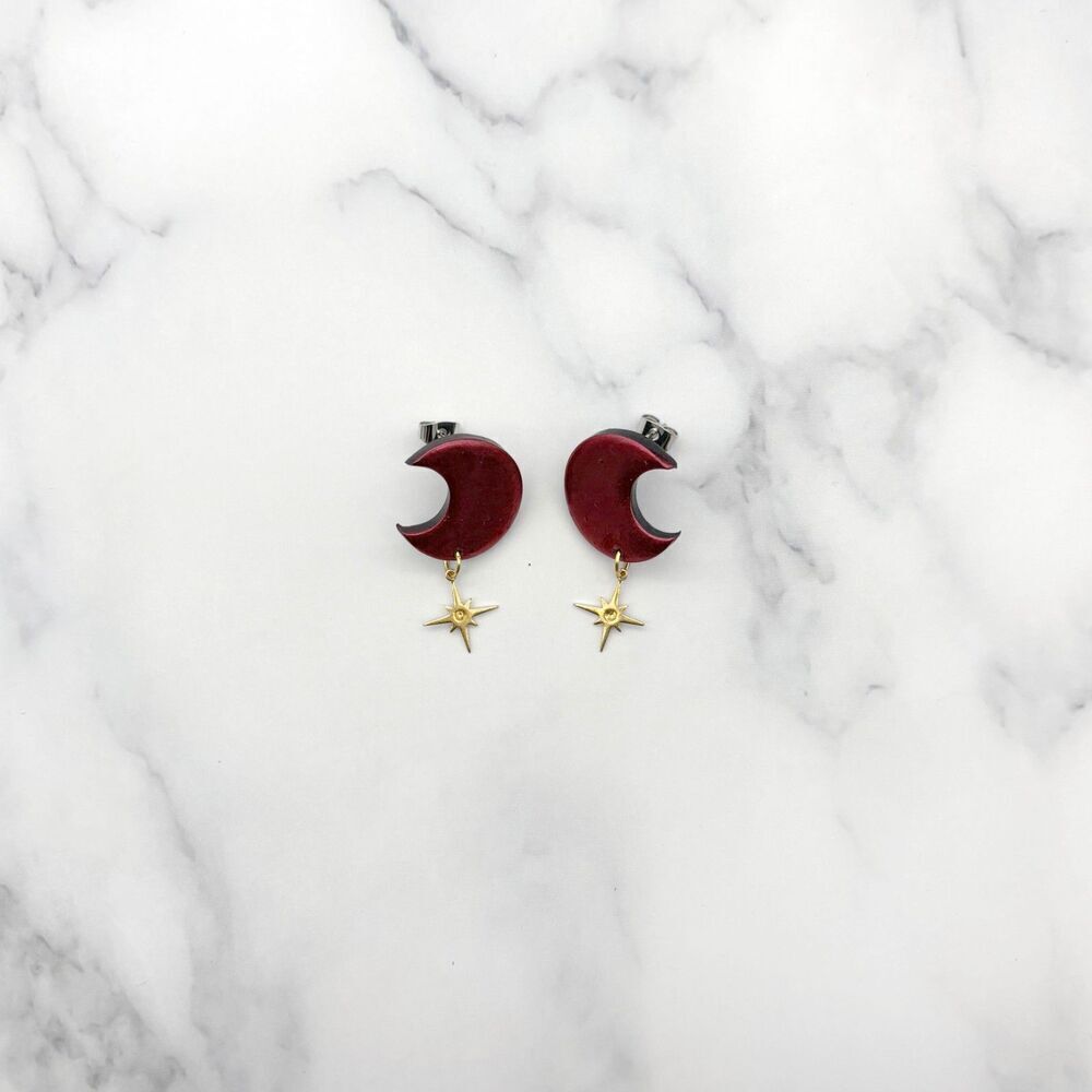 Red Moon and Star Dangle Earrings | Polymer Clay Crescent Jewelry - Picture 4 of 11